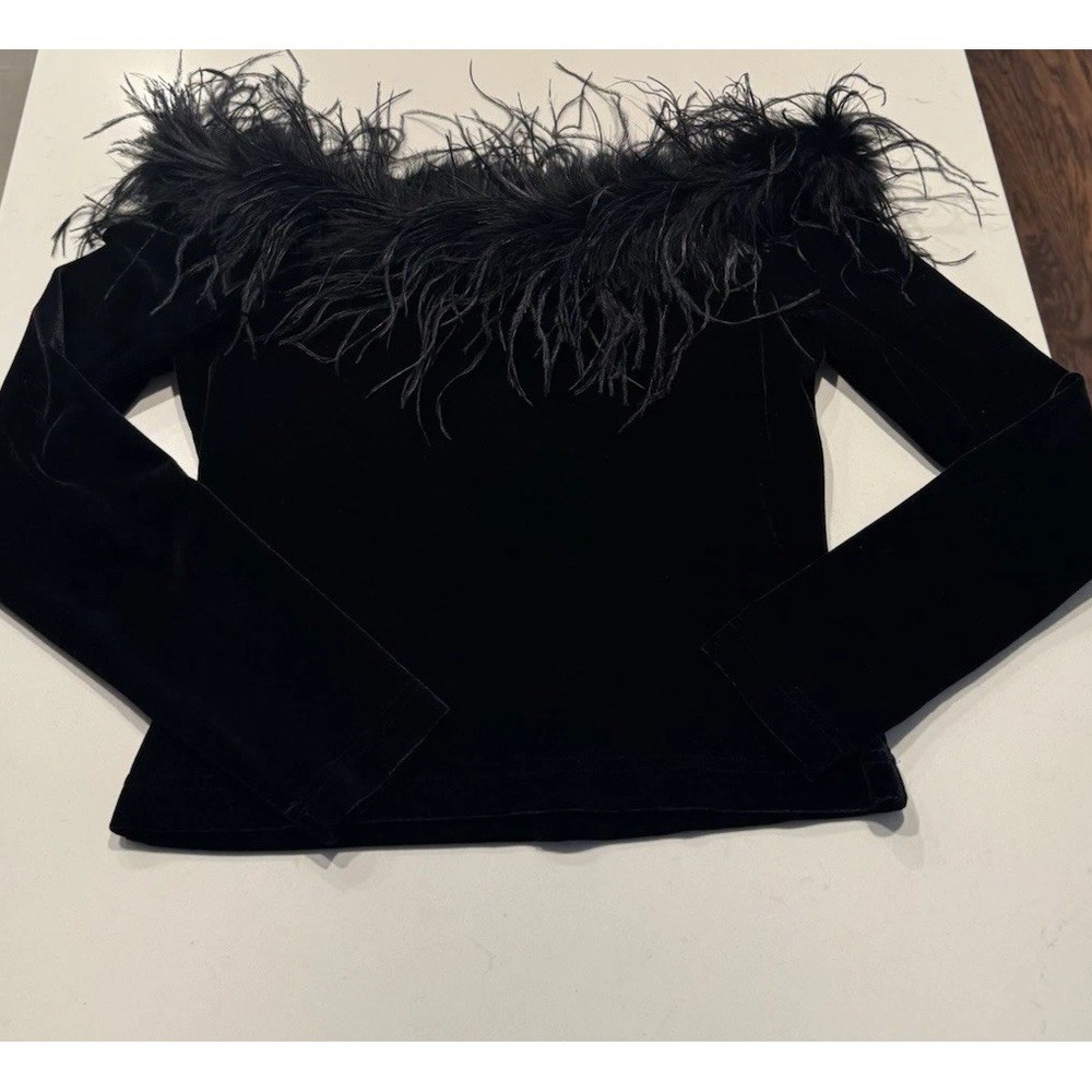 VTG Cachet Y2K Off The Shoulder Velvet Feather Top Size Small Holiday Whimsigoth
